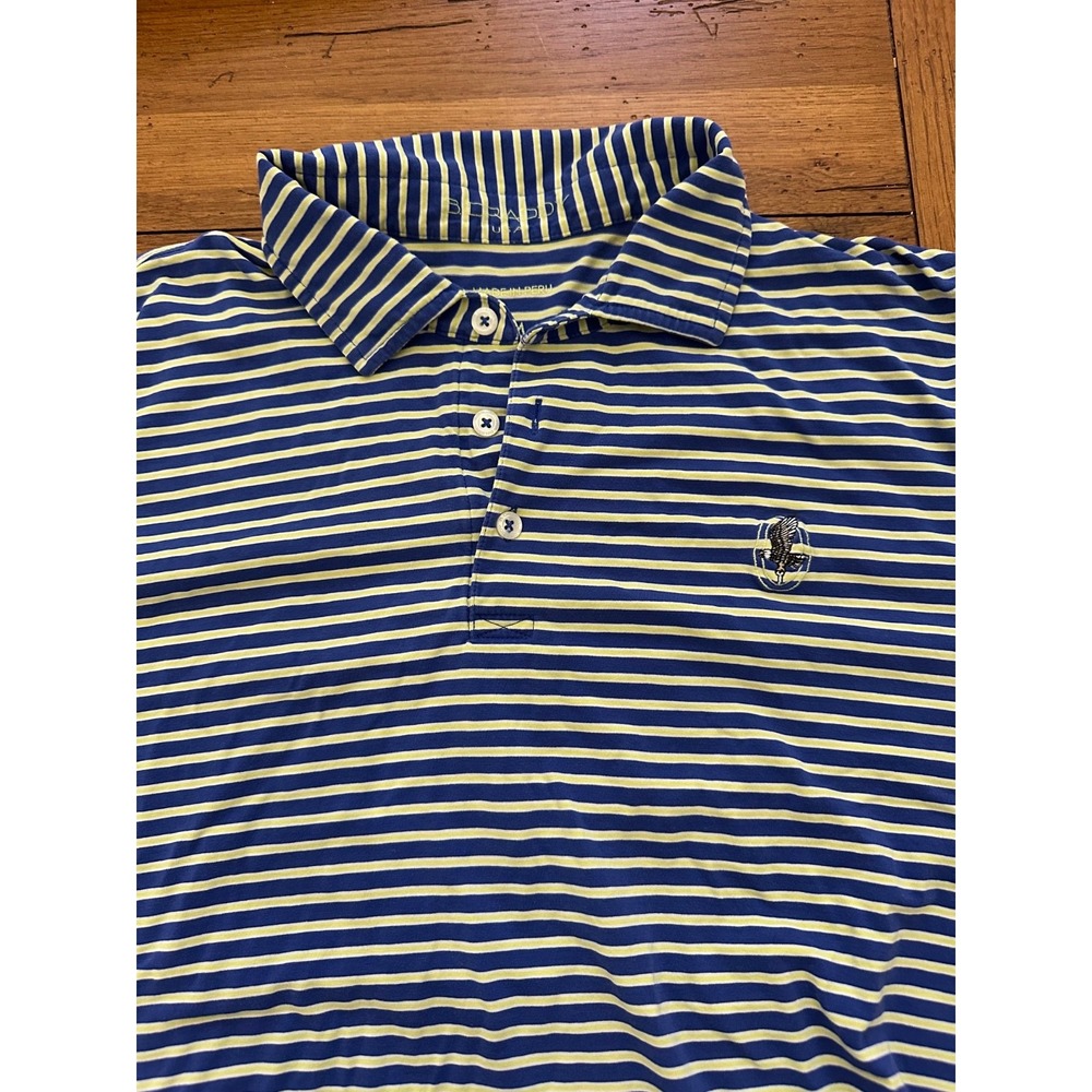 b. draddy blue and yellow striped polo medium with chest‎ embroidery